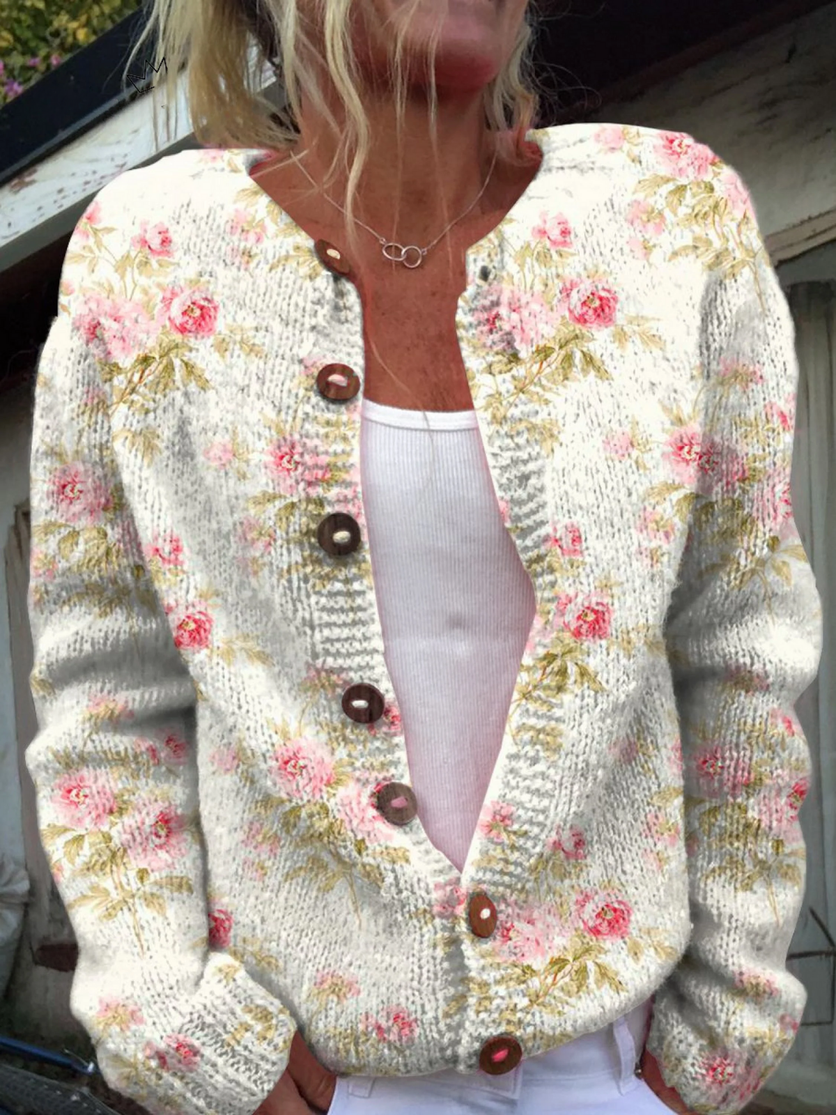 Tabea® | Imprimé de Fleurs Roses Fraîches et de Feuilles Vertes Cardigan à Boutons