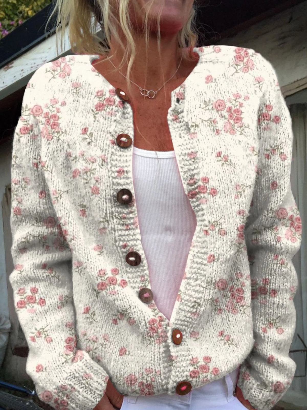 Clarina® | Cardigan Pull à Boutons en Imprimé de Pétales de Rose