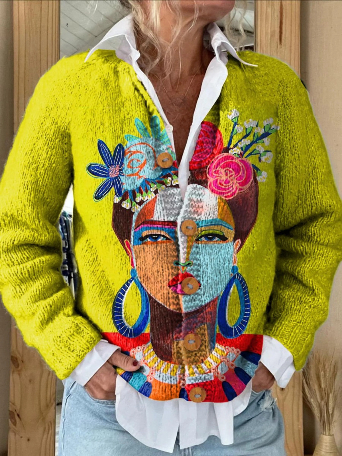 Agnes® | Peinture à l'huile Portrait de Freda Veste Cardigan à boutons imprimée