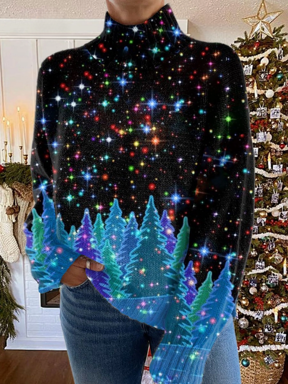 Leandra® | Pull en tricot brillant avec col montant pour Noël