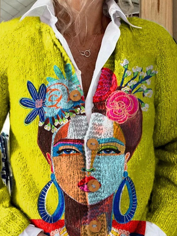 Agnes® | Peinture à l'huile Portrait de Freda Veste Cardigan à boutons imprimée