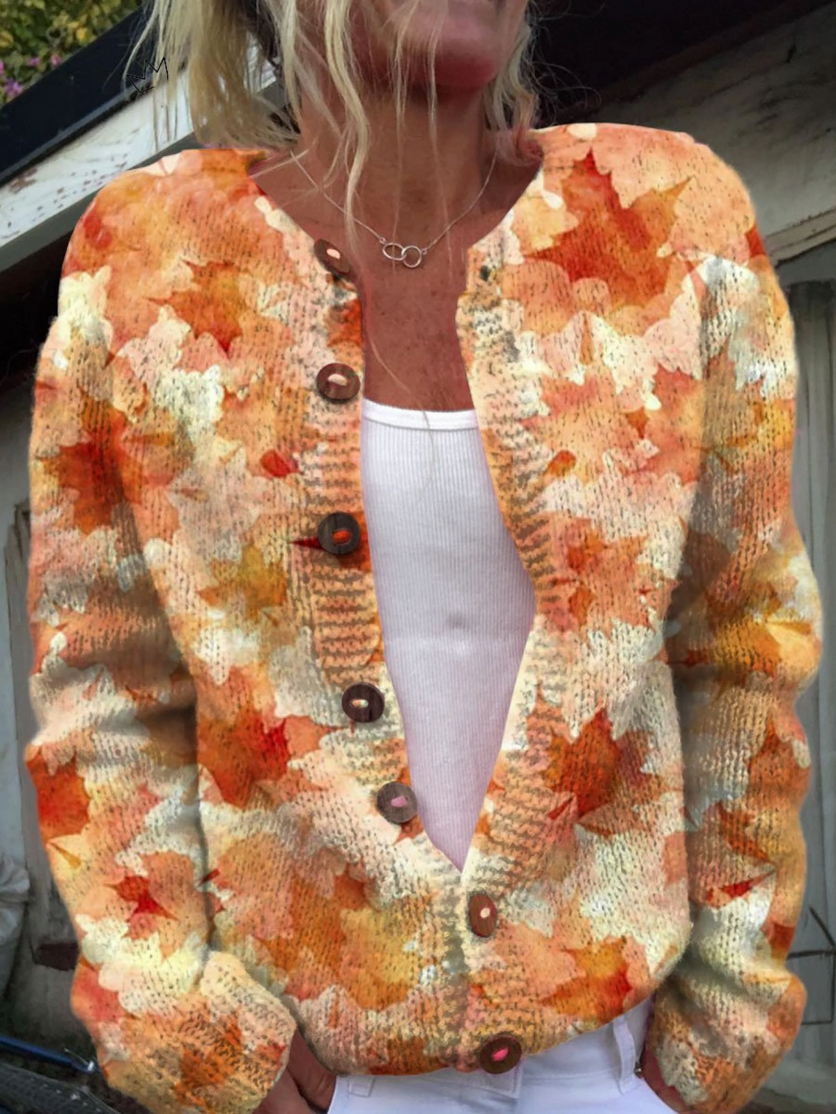 Anneliese® | Impression artistique de feuille d'érable d'automne, cardigan à boutons