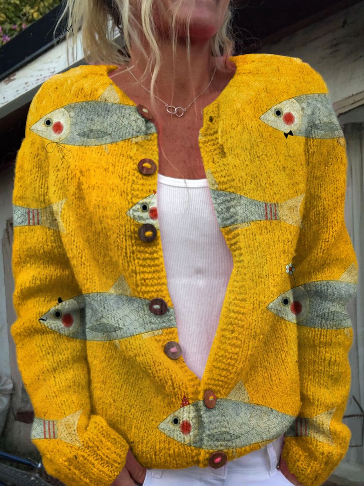 Beate® | Vintage Poisson Sardines Art Impression Bouton-Cardigan Pull