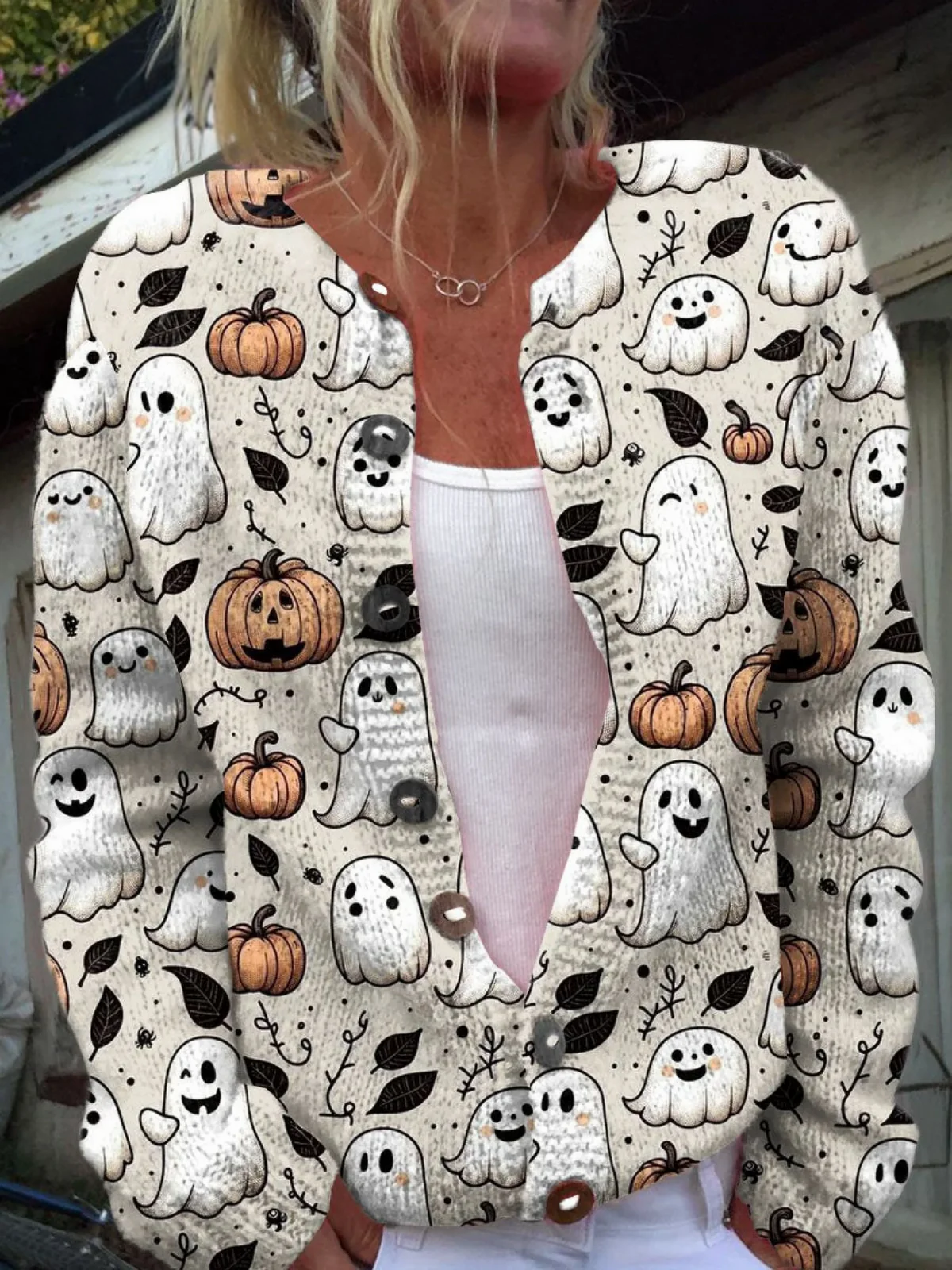 Yara® | Pull Cardigan à Boutons avec Impression de Fantôme Amusant pour Halloween
