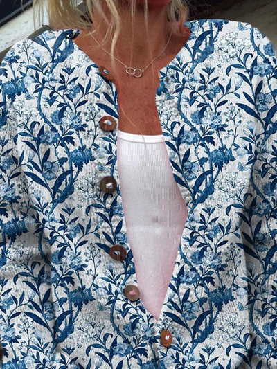 Caren® | Cardigan-Pull à boutons élégant avec imprimé fleuri bleu et blanc