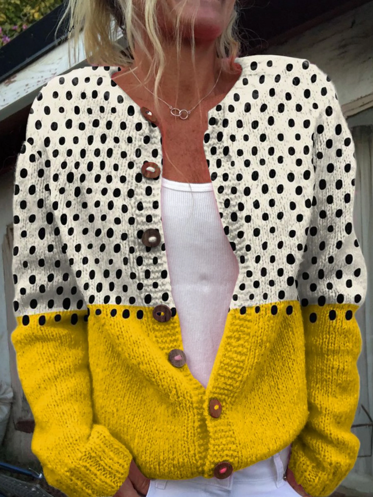 Elsbeth® | Pull cardigan à pois géométriques jaunes
