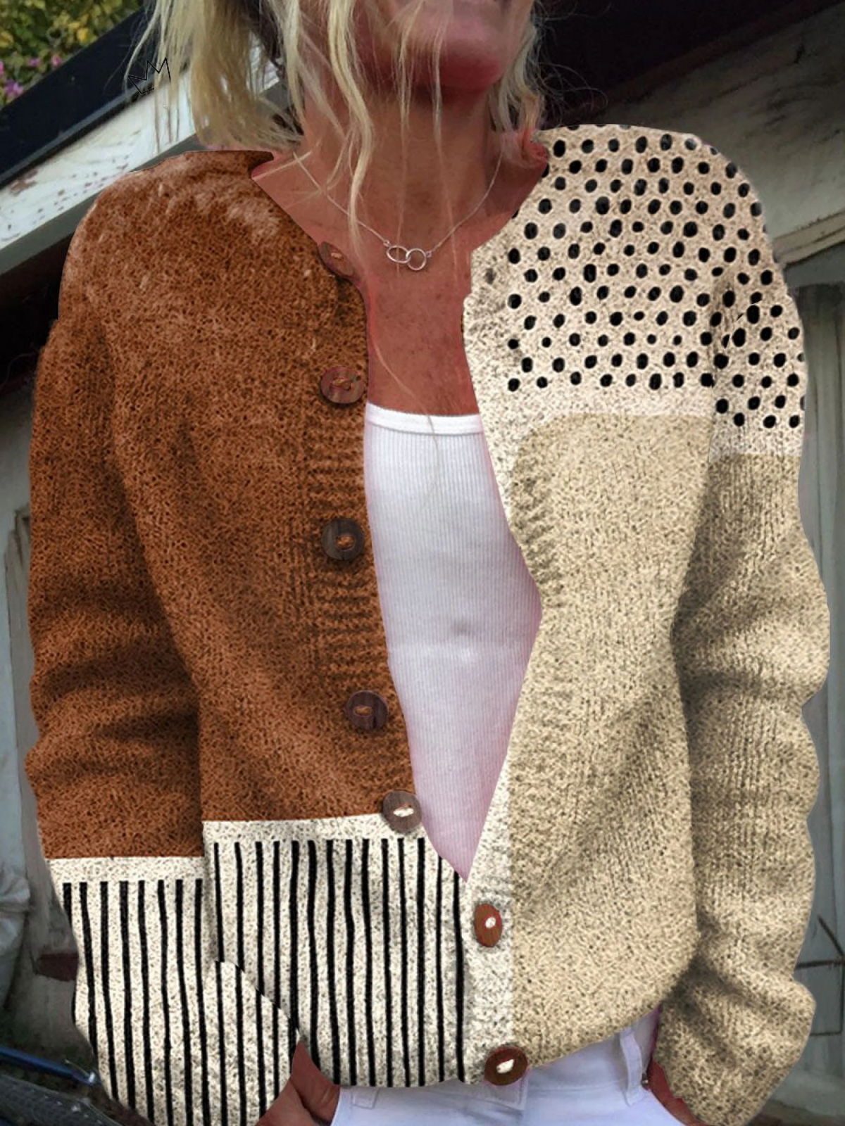 Xenia® | Pull Cardigan à Boutons Minimaliste avec Imprimé Abstrait à Pois