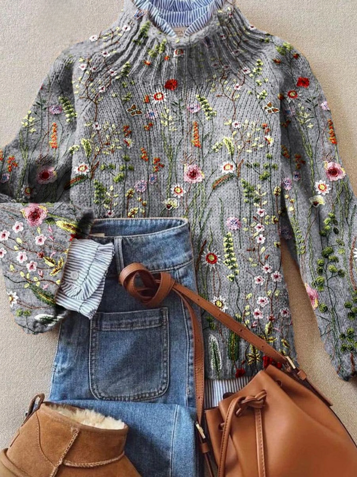Fenja® | Pull vintage pour femmes avec joli motif floral et col roulé