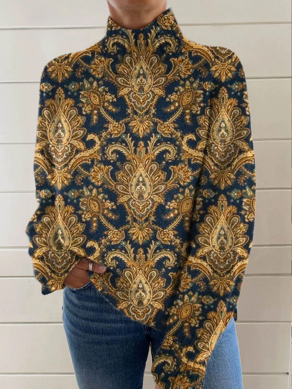 Marlena® | Pull à col roulé vintage pour femmes avec motifs floraux artistiques