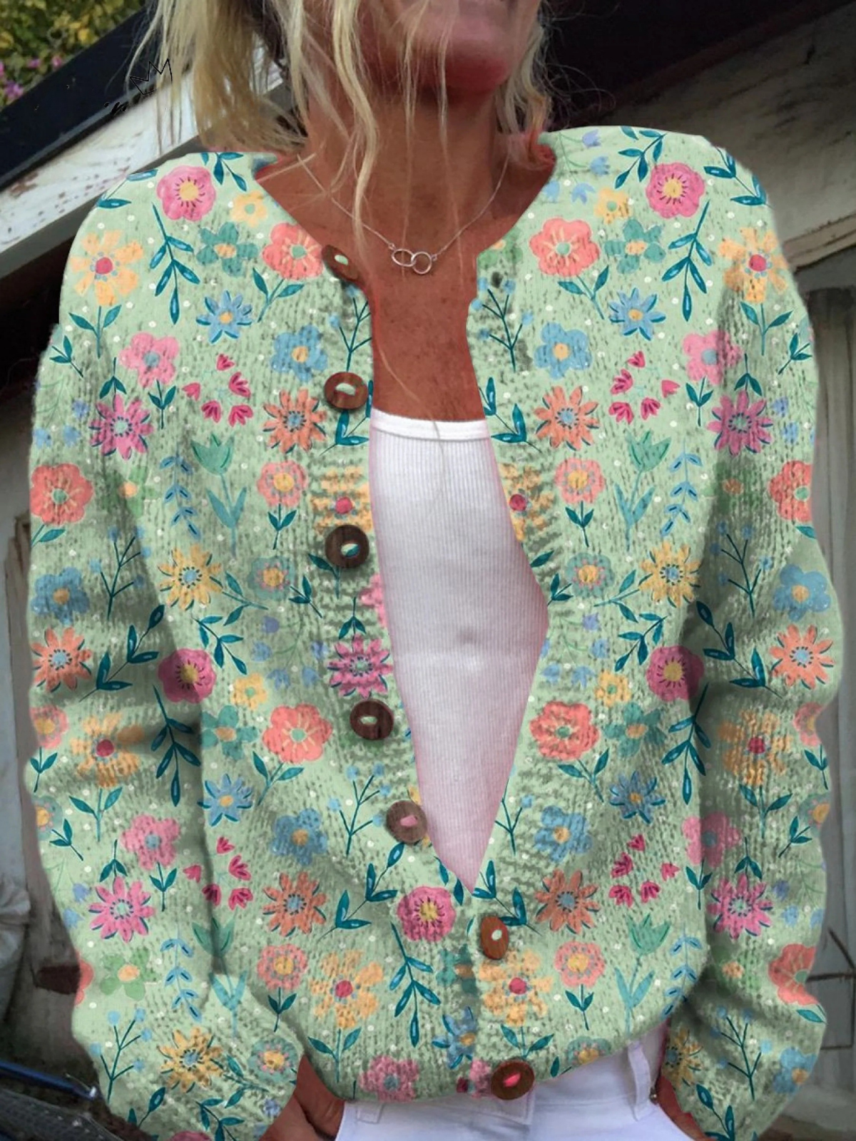 Hermine® | Cardigan Pull à Boutons avec Imprimé Floral Sommerfeld