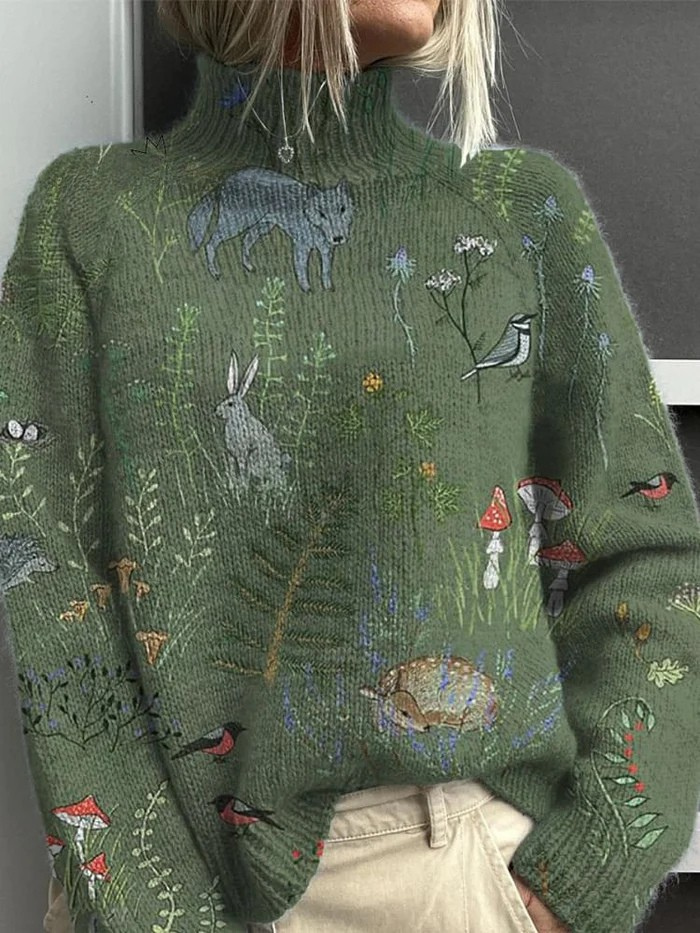Nadja® | Pull avec impression forêt et animaux, tricoté, col roulé
