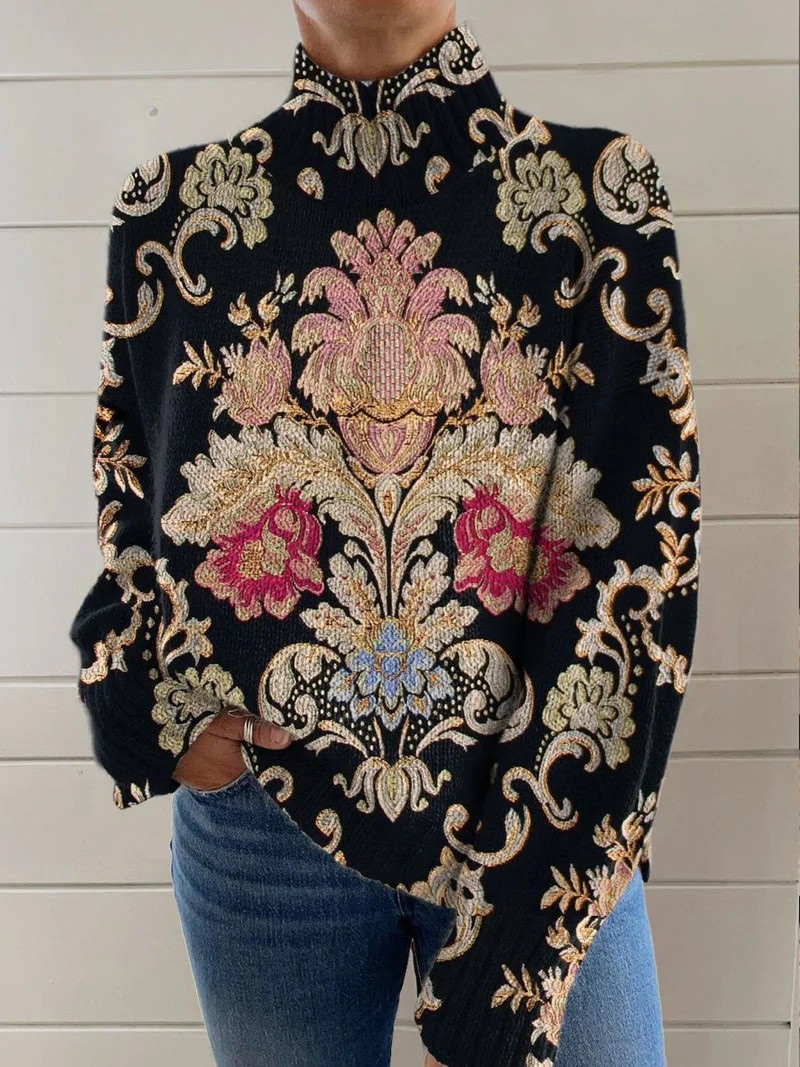 Jolina® | Pull à col roulé vintage pour femmes avec un joli motif floral